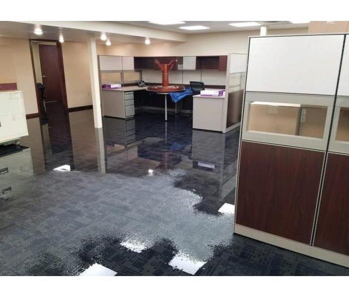 "Image of an empty offices displaying a partially flooded floor and cubicles" 