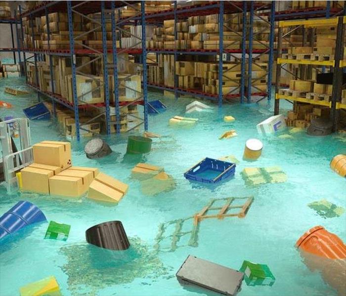 "flooded warehouse, with tall shelves, debris from shelves floating in the water, with forklift"